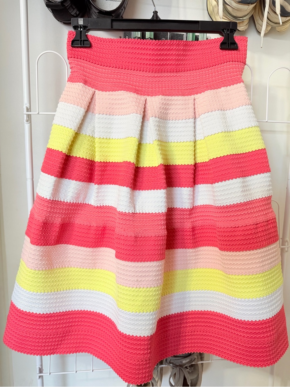 New York & Company Coral Pink Yellow White Striped Circle Skirt